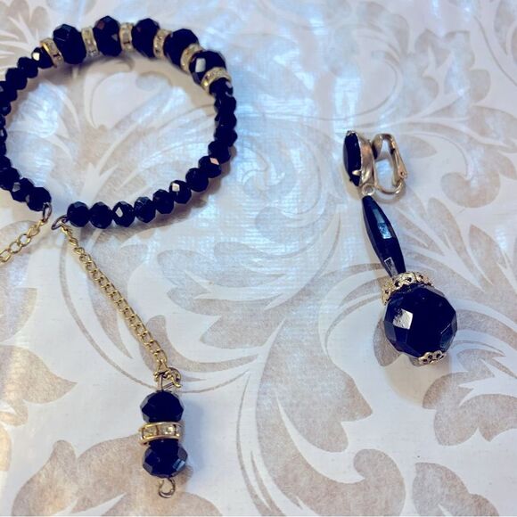 Faceted Black Glass Bracelet & Clip On Drop Dangle Earrings Vintage Gorgeous - Picture 6 of 9